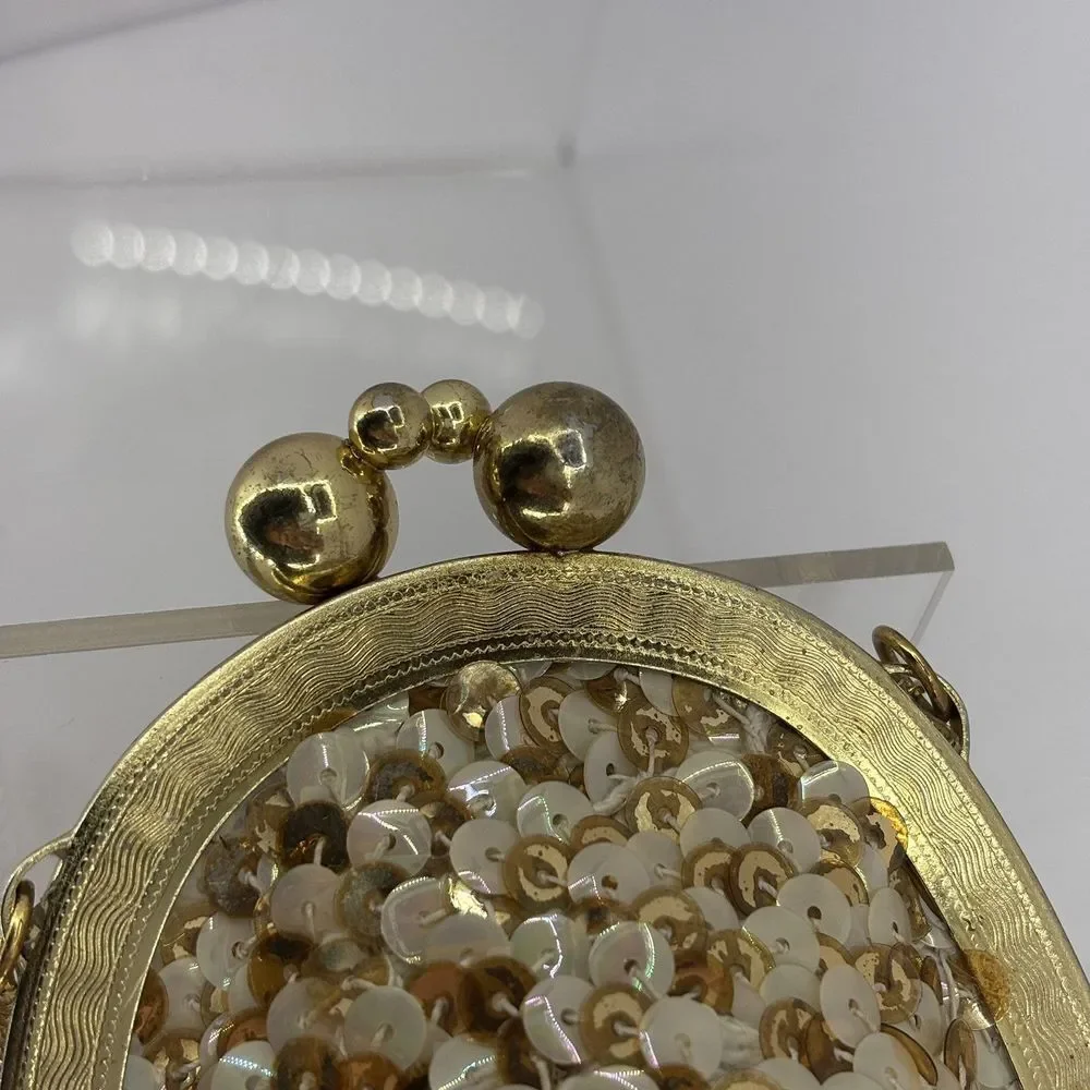 Vintage 1950s Sequin Evening Bag Gold-Iridescent White Metal‎ Frame Purse